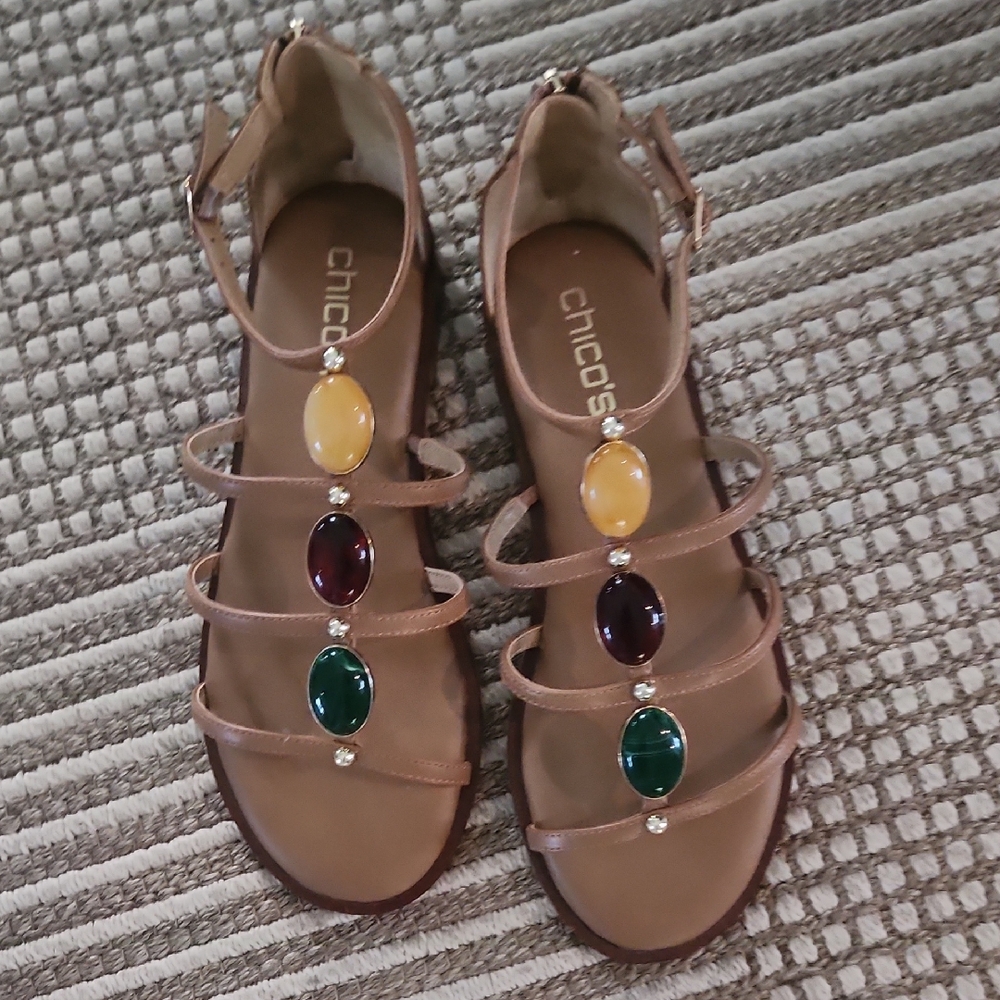 Chico's Nadia Tan Sandals with Colorful Gem Accents